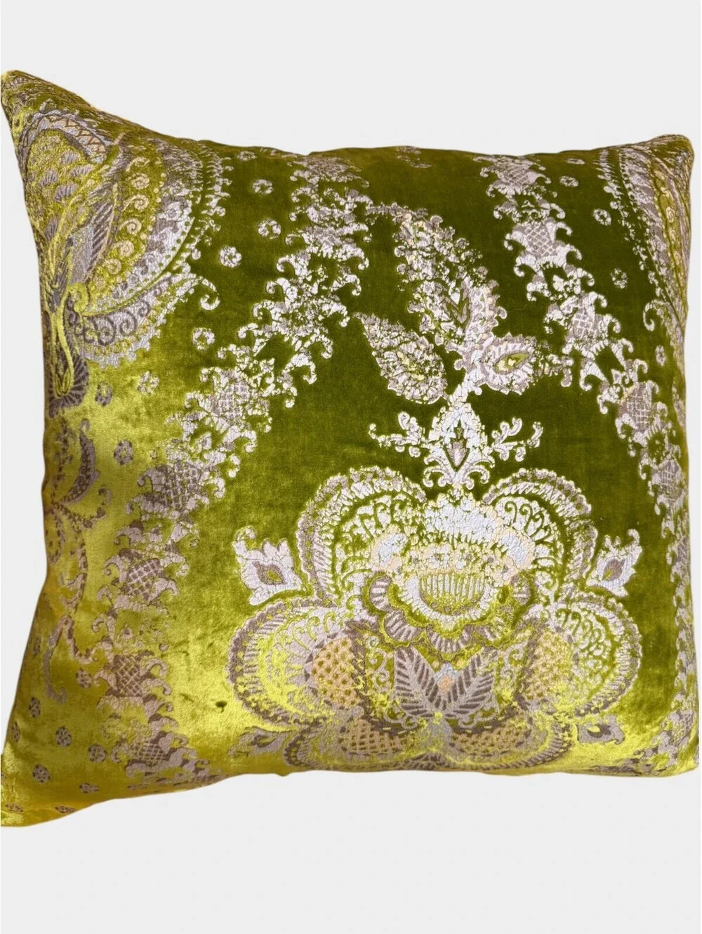 NWOT Chartreuse Green Velvet Metallic Floral Paisley Throw Pillow 20x20